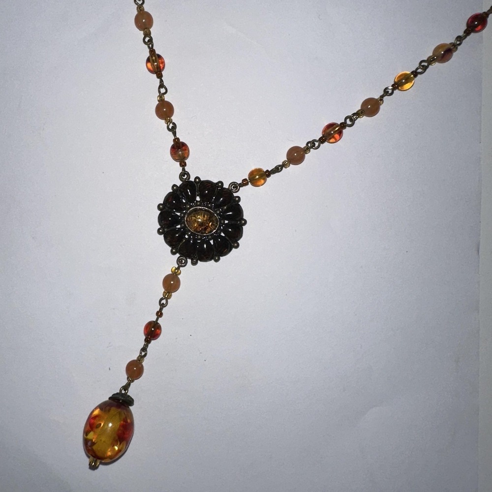 Amber Tone Glass‎ Bead Y Necklace Flower Pendant Statement 19 Inch Boho Artisan